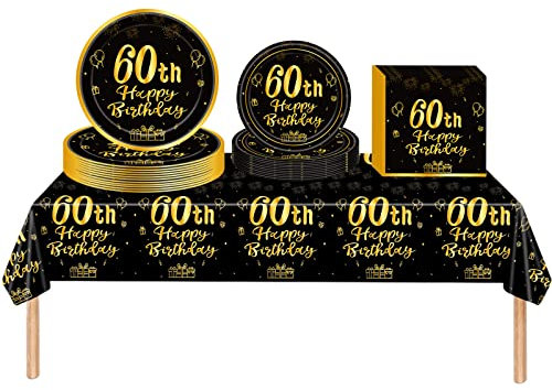 53Pcs Black Gold 60th Happy Birthday Party Tableware Decorations for Him Plastic Table Cloth,7,9inch Paper Plates,Napkins for Men Birthday Table Party Tableware Set for Men Adults Birthday Party