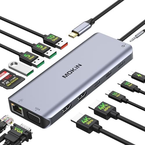 USB C Docking Station Triple Monitor, 14 in 1 Docking Station Dual Monitor, USB C Dock with Dual 4K HDMI, VGA, 100W PD, Ethernet, USB 3.1/3.0/2.0, SD/TF, Audio, Multiport Hub USB C suit HP Lenovo Dell