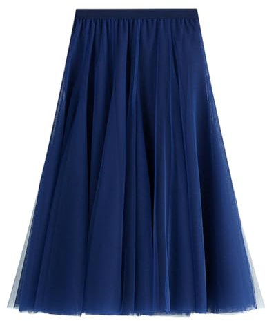 Tüllrock Damen A-Linie Elastischer Hoher Bund Midirock Mesh Großer Saum Langer Rock Elegant Faltenrock Sommerrock,Dunkelblau