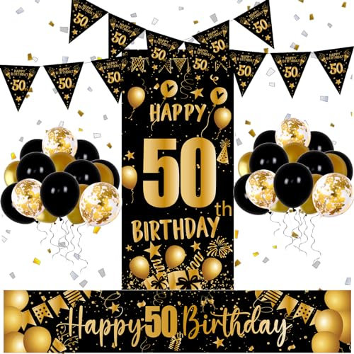 50th Birthday Decoration for Men Women, Black Gold 50th Bithday Banner, Happy 50th Brithday Banner Backdrop,Birrhday Dacorations for Men, Birthday Party Decoartions 50th birthday decor