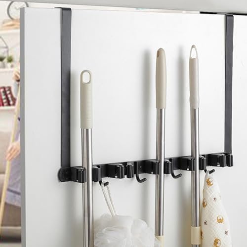 Over The Door Broom Mop Holder with 5 Racks and 4 Hooks Mop and Broom Storage Stainless Steel Mop Holder Utility Broom Wall Mounted Garden Tool Organizer for Home Bathroom Kitchen Garden