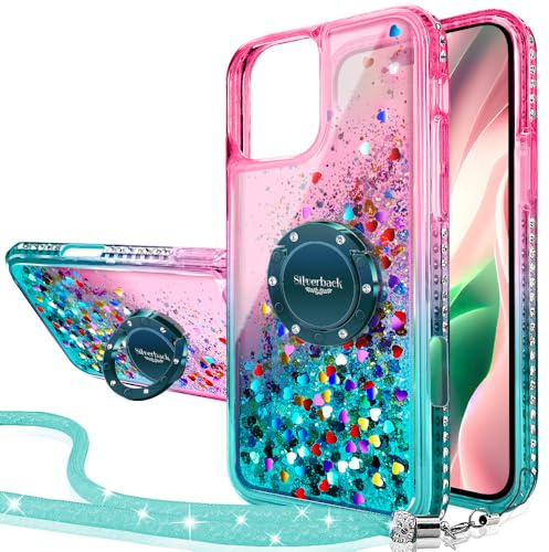 Silverback for iPhone 16 Pro Case, Glitter Case with Stand & Lanyard. Green | Liquid Holographic Sparkly Glitter Case, Women Girls Bling Diamond Ring Shockproof Protective Cover- Green