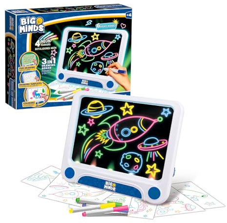 Big Minds - Magische LED-Tafel | 3 in 1 LED Maltafel Kinder | Schreibtafel Kinder mit 4 Neonmarkern | 6 Wendemalvorlagen und Reinigungstuch | Malbrett Kinder wegwischen, ab 4 Jahren