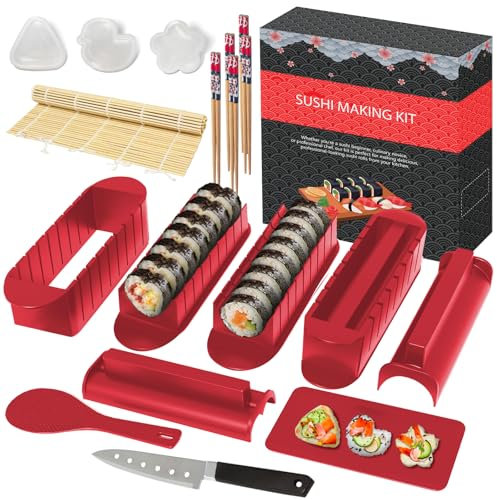 HI NINGER Sushi Maker set,Deluxe Edition 20 Artikel Kit für Anfänger zum selber machen,Sushi Maker Kit inkl Sushi Rollmatte, Sushiteller,Reis Roll Formen, Messer,Stäbchen,Komplett Sushi set(rot)