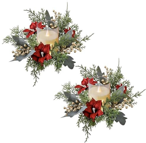 Skeadex Adventskranz Kerzen Tischdeko, 2 Stück Kerzenring, Künstliche Weihnachtskranz Kerzenkranz für Stabkerzen, Tannenkranz für Weihnachten Tisch Dekoration (C)