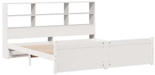 vidaXL Massivholzbett, Bett mit Bücherregal ohne Matratze, Bettgestell mit Lattenrost, Holzbett Doppelbett für Schlafzimmer, Weiß 180x200cm Kiefer