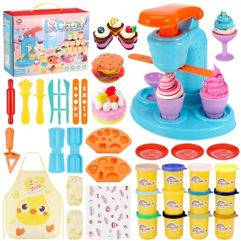 Yimomoyi 36 PCS Ice Cream Play Color Dough Set, Dough Accessories with Ice Cream Maker Machine, Kitchen Creations Pizza Color Dough Play Sets Deluxe Dough Tools Kit for Kids 3 Years+
