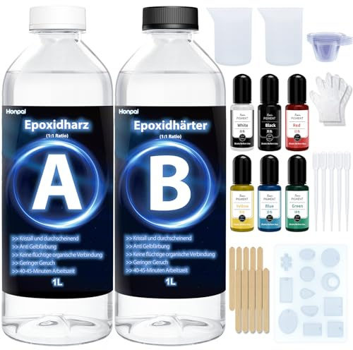 Epoxidharz Set Anfänger 2000ml Gießharz Set Ratio 1:1 Mit Formen, 6 Pigment | für DIY-Kunst, Schmuck, Tumbler Handwerk, Undersetzer, Flusstische (1000ml x 2)