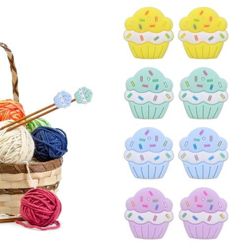 Lnngub 8 Stück Stricknadelstopper, Kuchen-Stricknadel Stopper Weicher Nadelstopfen aus Silikon 2,8 x 2,8 cm Stricknadel Spitzenschutz zum Stricken, Nähen, Basteln, DIY-Projekte(Lila, Grün, Blau, Gelb)