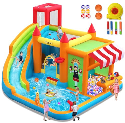 FBSPORT château Gonflable Enfant avec souffleur Aire de Jeux Gonflable Adulte Grand château Gonflable Piscine Meilleur Cadeau de Vacances/d'anniversaire pour Les Enfants 424 ×388 ×238 CM