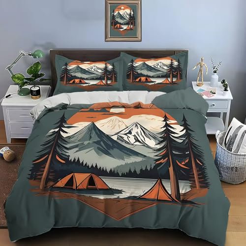 SJSXWQN Bettwäsche 135x200 Viel Spaß Beim Campen Bettwäsche-Set mit Reißverschluss Schließung für Kinder Mädchen Weicher Atmungsaktive Mikrofaser Bettbezug + 2 Kopfkissenbezug 80x80 cm