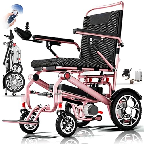 Bueuwe Leichter Elektrischer Rollstuhl Faltbar - 14,9 kg, 25-50 km Reichweite, 150 kg Tragkraft, Mit Federung, Kompakt für Outdoor & Wohnung, Reisegeeignet, Für Senioren Behinderte,Rosa,30A