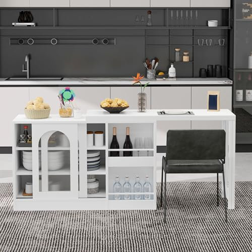 Lexiou Moderna mesa de bar, extensible, giratoria 360°, con espacio de almacenamiento, mesa reversible con puerta de armario de cristal, mesa de bar para cocina, muebles de café (blanco)