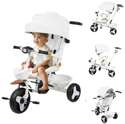 OHMG 5-in-1 Baby-Dreirad, skalierbar, Kinderwagen mit Schiebegriff, abnehmbarem Baldachin, 5-Punkt-Sicherheitsgurt, Aufbewahrung, Fußstütze, Bremse, für Kinder von 1 bis 5 Jahren