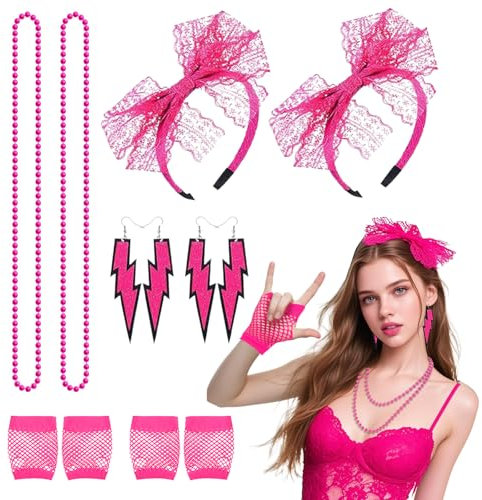 TUONYIS 8 Pièces Deguisement Annee 80 Femme Accessoire Fluo, Bandeau,Boucles D'oreilles,Colliers,Gants En Résille, Déguisement Année 80 Accessoire Femme Fluo, Deguisement Annee 80s Accessoire (Rose)