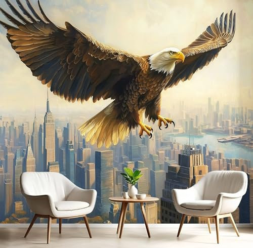 Fototapete New York City Landschaft 300×210cm(W×H),Fliege Adler Tapete Fototapeten, Schlafzimmer Wohnzimmer, Vlies Tapeten Wandtapete, XXL Wandbild Wand Deko