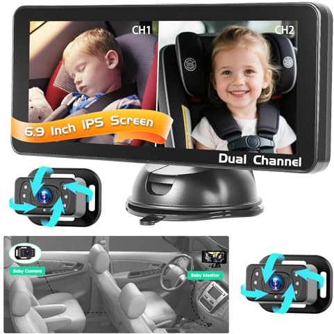 Inefala Cámara para Bebé para Coche Pantalla Dividida 6,9 HD Dual | Cámaras Duales, Visión Nocturna 360° Giratorias, Fácil Instalación, Pantalla Ultra Ancha