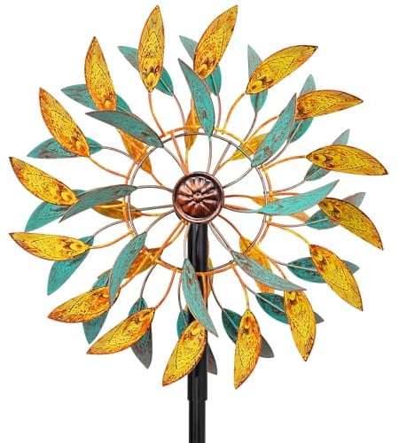Moulin à Vent Solaire, Sculptures cinétiques à Vent à Lame Double Direction pour l'extérieur, Moulin à Vent Cinétique Éoliennes décoratives pour terrasse pelouse et Jardin (Jaune + Cyan)