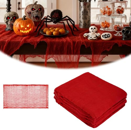 LUMOOM Halloween Deko Gaze Stoff 10x2,15m Rot, XXL Gruseliges Tuch für eine schaurige Horror Dekoration, Spinnennetz für Party Spukhaus (10x2.15m)