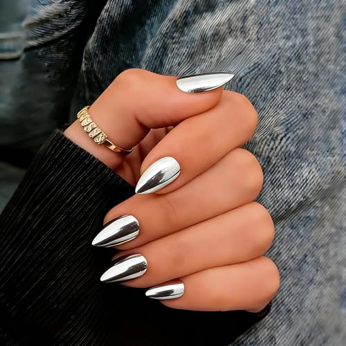 SXVME Chrome Press on Nails Short Almond, Metallic Sliver False Nails with a Sparkle Mirror Finish, Glitter Fake Nails for Women, Salon Quality, Stick on Nail Press ons Short Stiletto 30 Pcs