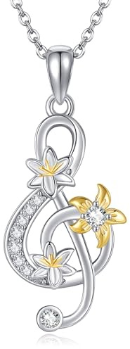 URONE Giglio con note musicali, collana in argento 925, giglio, note musicali, ciondolo a forma di chiave per violino