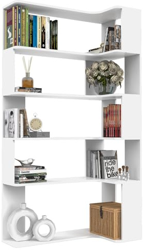 Lvhcmfohm L-förmiges Bücherregal, Lagerregal Regal mit 5 Ebenen, Standregal, Büroregal mit 4 Befestigungsvorrichtungen Ausgestattet, Dekoregal, zur Präsentation, für Wohnzimmer, 90x48x169cm, Weiß