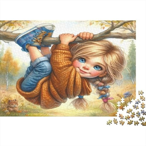 Girl on Branch 1000 Piece Puzzle Jigsaw Thick Cardboard for Adults Girl Hanging on Tree Relaxing Digital Detox Letters on Back Family Game Night 70x50cm/1000pcs