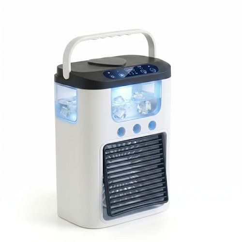 Ventilador portátil para aire acondicionado, alimentado por USB, mini aire acondicionado de mesa recargable con 3 velocidades y 3 modos de nebulización, tanque de agua de 600 ml, luz RGB