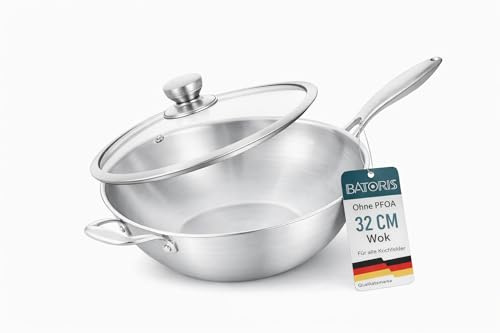 Batoris Edelstahl Wokpfanne 32 cm mit Glasdeckel – Ohne Beschichtung – für Induktion & Gas – für alle Herdarten – Wok Pfanne Groß