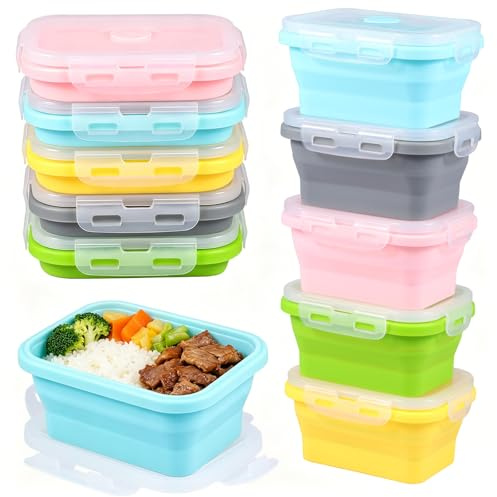 Anihet 5Pcs Collapsible Silicone Food Containers, 350ml Leakproof Bento Lunch Box Set with Airtight Clip Lids, Space Saving Stackable Meal Prep Bowl for Travel, Camping, Kitchen