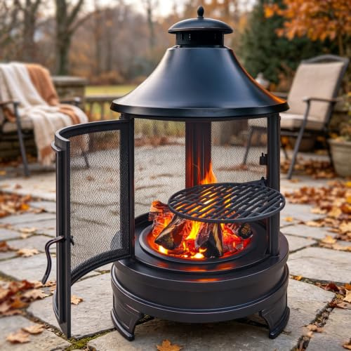RUODATONLY Barbecue a Legna da Esterno con braciere, Forno a Legna da Giardino, Design Faro Vintage, griglia 3 Posizioni, Schermo scintille 360°, per terrazza e Villa