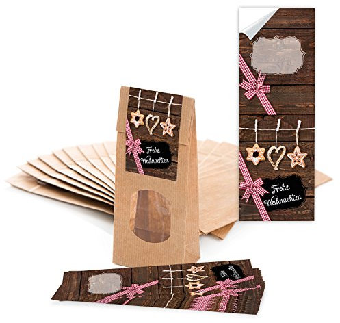 Logbuch-Verlag 100 braune Papiertüten mit Fenster 7 x 4 x 20,5 cm + 100 Aufkleber Frohe Weihnachten - Verpackung Gebäck Tee Weihnachtsplätzchen Pralinen