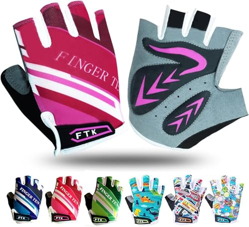FINGER TEN Kids Cycling Gloves Half Finger Gel Padded (Pink, Medium)