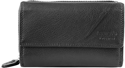 LEONARDO VERRELLI Echt-Leder Damen Geldbörse Querformat RFID Safe 14x9cm 3000093 (Schwarz)