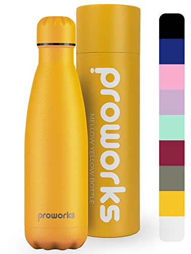 Proworks Botellas de Agua Deportiva de Acero Inoxidable | Cantimplora Termo con Doble Aislamiento para 12 Horas de Bebida Caliente y 24 horas de Bebida Fría - Libre de BPA - 500ml – Amarillo Suave