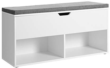 VASAGLE Shoe Bench, Storage Bench with 2 Open and 1 Closed Compartments, Shoe Shelf, Padded Seat, for Entrance Corridor Bedroom, 100 x 30 x 48 cm, White LHS21WT