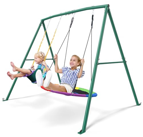 Trekassy 440lbs 2 Seat Swing Set for Backyard, 1 Saucer Swing Seat and 1 Belt Swing Seat with Heavy Duty A-Frame Metal Swing Stand