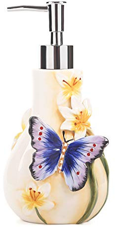 FORLONG Seifenspender Keramik 3D Handbemalt Schmetterling und Lilien Blume Lotion Spender Badezimmer Zubehör