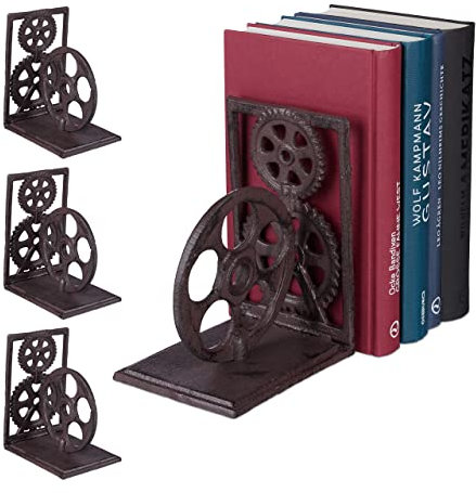 Relaxdays Serre-Livres, Lot de 4, Presse-Livres en Fonte, Range-Livres, décoration Vintage, pellicule, HxlxP: 16x13x10 cm, Brun