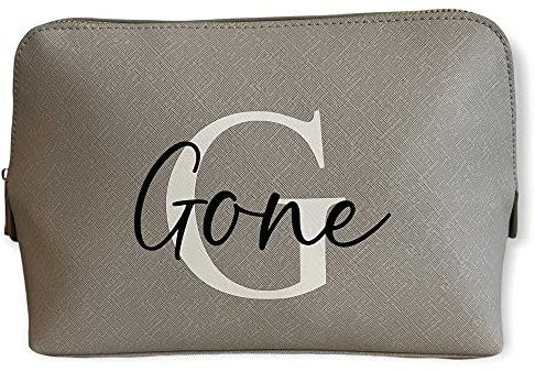 Kosmetiktasche personalisiert Initial + Name, Schminktasche, Kulturtasche für Damen, Handtasche, Geschenk Frauen, Schminke Beauty Make-Up (groß, grau)