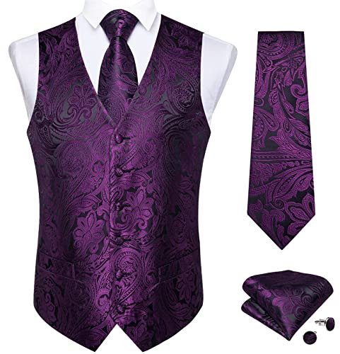 DiBanGu Herren-Manschettenknöpfe, Paisley-Anzug, Weste, Krawatte und Einstecktuch, groß und groß, 22-violette Blumen, Medium
