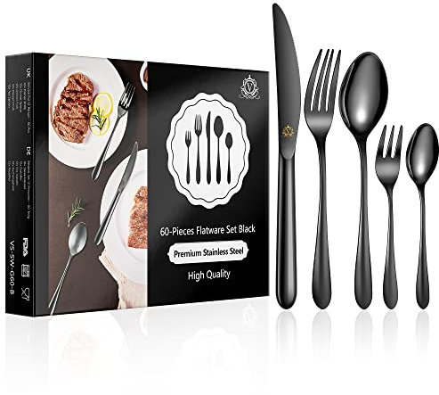 vancasso Besteck Set Schwarz 12 Personen, Besteck Set Glänzend, 18/10 Edelstahl Besteckset mit 60-Teilig Messer/Gabel/Löffel/Dessertlöffel/Dessertgabel, Schwarzes Besteck mit Geschenkbox