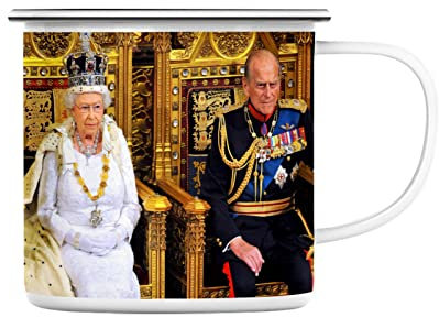 Mug en Métal Emaillé Queen Elizabeth II et Prince Philip Trone Doré Reine d'Angleterre Vintage Elisabeth