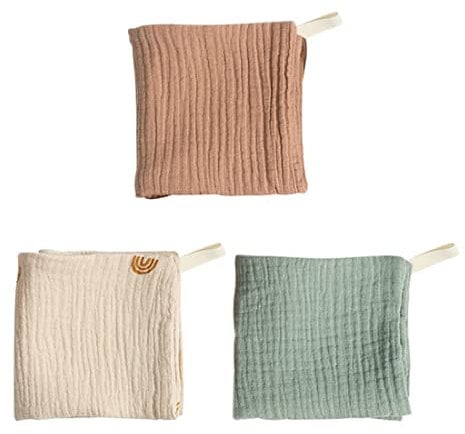 LICHUANUK Lot de 3 Langes Bébé, Mousseline de Coton Biologique, Multi-usages :,Bavoir, Couverture nomade, Doudou, Ultra doux, Respirant, 23x23cm, Ecologique et Sain(Couleur aléatoire)