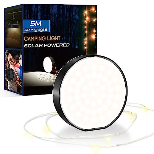Lepwings Campinglampe Solar mit 5 Meter LED Lichterkette, Campinglaterne mit 4000mAh Batteriebetrieben Powerbank, 90 Stunden Beleuchtungsdauer, Dimmbar Zeltlampe IP54 Wasserdicht für Innen & Aussen