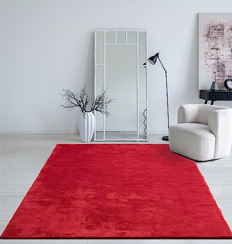Mia´s Teppiche Taos kuscheliger Kurzflor Teppich, Anti-Rutsch Unterseite, Waschbar bis 30 Grad, Super Soft, Felloptik, Rot, 160 x 220 cm