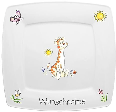 Doriantrade Speiseteller eckig 26cm Kinderteller Teller Porzellan Giraffe personalisierbar mit Wunschname Name Kindergeschirr mit Namen personalisiert
