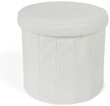OHS Cream Ottoman Storage Boucle Round, Space Saving Organising Storage Box for Bedroom Living Room Soft Boucle Ottoman with Lid Storage, White