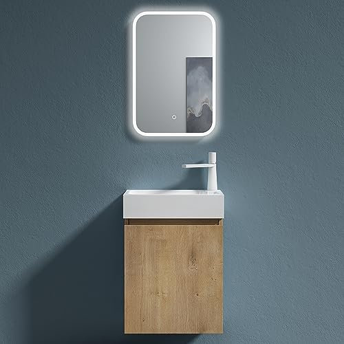 doporro Badmöbel Set Waschtisch mit Unterschrank Waschbecken-Unterschrank für Gäste-WC 46cm in Kerneiche Design Waschplatz Wandmontage inkl. LED-Spiegel Pisa 02