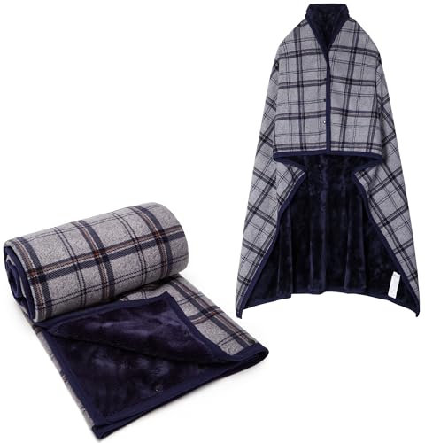 SIVENKE Damen Poncho Fleece Tragbare Decke, Karierte Schoßdecke Bequemer Poncho Plüschdecken Überwurf Schal Wickelbezug Umhang mit Knöpfen für Bett Sofa Büro